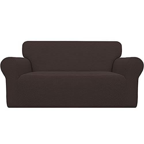 Easy-Going Stretch Loveseat Slipcover 1-Piece Sofa Cover Furniture Protector Couch Soft with Elastic Bottom for Kids Polyester Spandex Jacquard Fabric Small Checks (Loveseat, Chocolate)