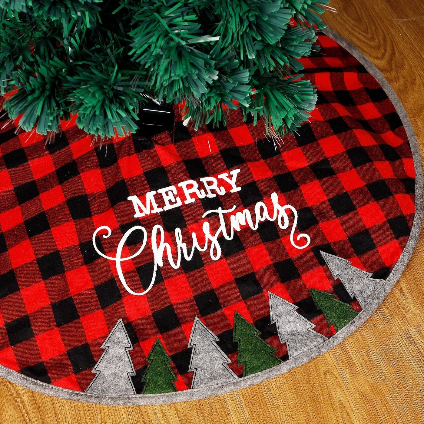 Juegoal 32 Inch Christmas Tree Skirt Soft Red and Black Plaid Christmas Tree Mat for Xmas Party Decoration Merry Christmas Base Cover for Christmas Tree Holiday Decor