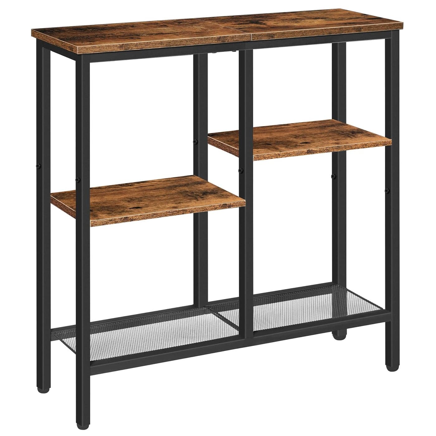 HOOBRO Narrow Console Table Sofa Table 4Tier Industrial Hallway Table with Metal Mesh Shelf Entryway Table with Adjustable Feet for Entryway Living Room Hallway Rustic Brown and Black BF79XG01