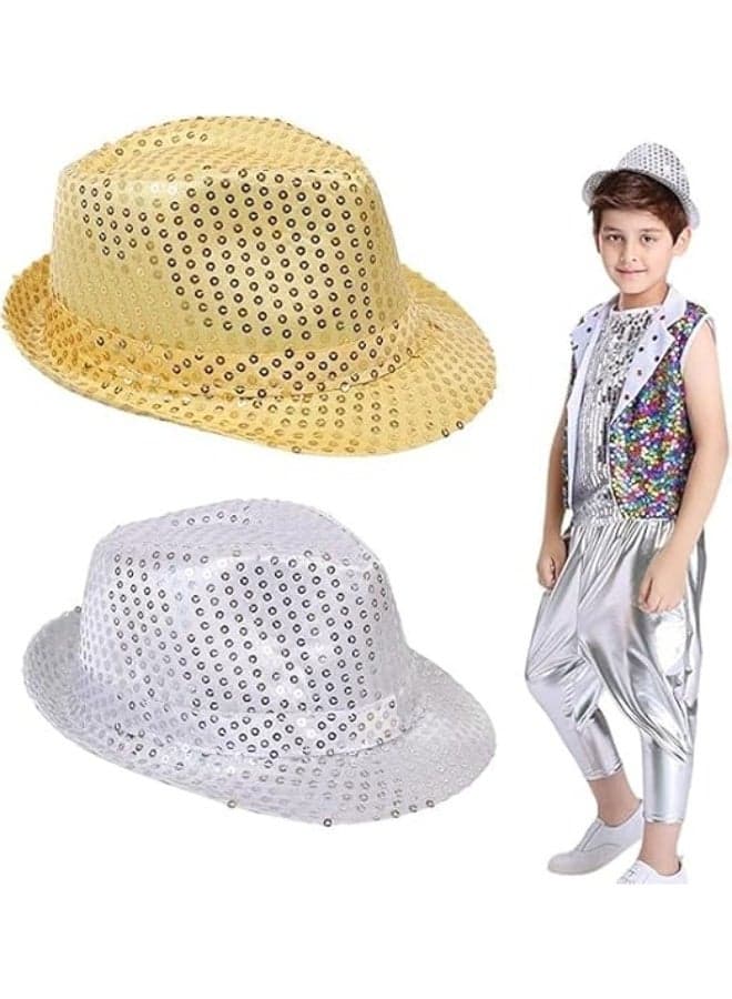2 Pcs Disco Hat Sequin Hat, Sequin Fedora Hat for Party, Glitter Jazz Caps for Adult, Hip-Hop Sequin Hat Fancy Dress, Shiny Disco Hat for Jazz Dancers Rapper