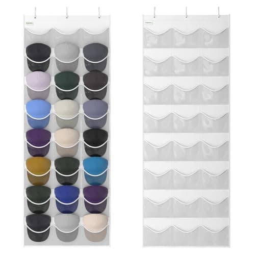 Unjumbly Baseball Hat Rack, 24 Pocket Over-The-Door Hat Organizer with Clear Deep Pockets to Display Baseball Caps Collection, Complete with 3 Over Door Hooks (White, 24 Pockets)
