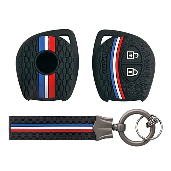 Keyzone Striped Silicone Key Cover & Keychain for Suzuki Jimny,Fronx,Swift,Dzire,Baleno,Eritga,Grand Vitara,Brezza,e-Vitara,Ciaz,WagonR,Alto,Scross,Ignis 2B Remote Key(Black+Black Striped Keychain)