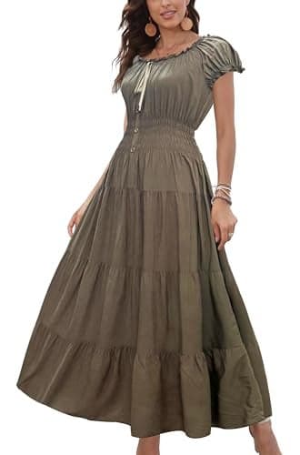 OSTOO Women's 2025 Summer Short Sleeves Boho Floral Print Tiered Casual Flowy Long Maxi Dress(Army Green,M)