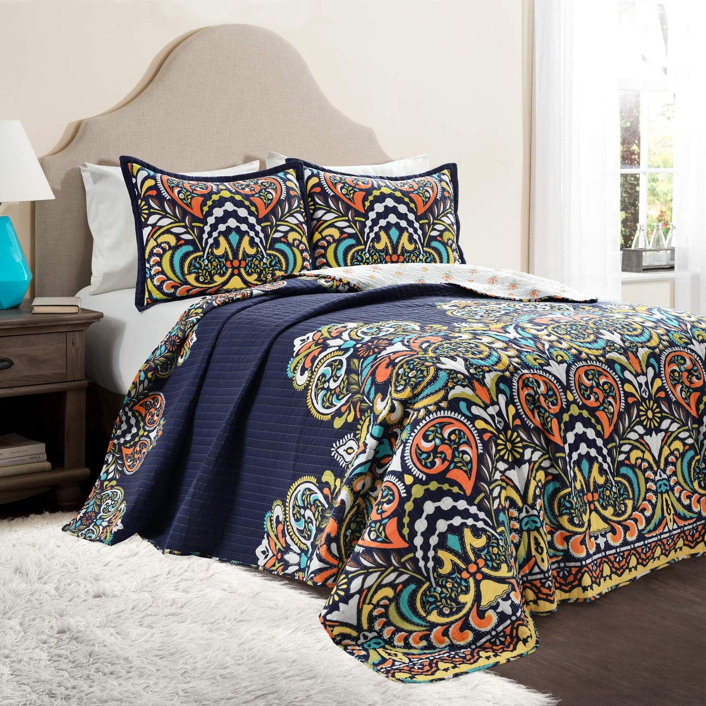 Lush Decor Clara Quilt 3 Piece Reversible Bedding Set FullQueen Navy