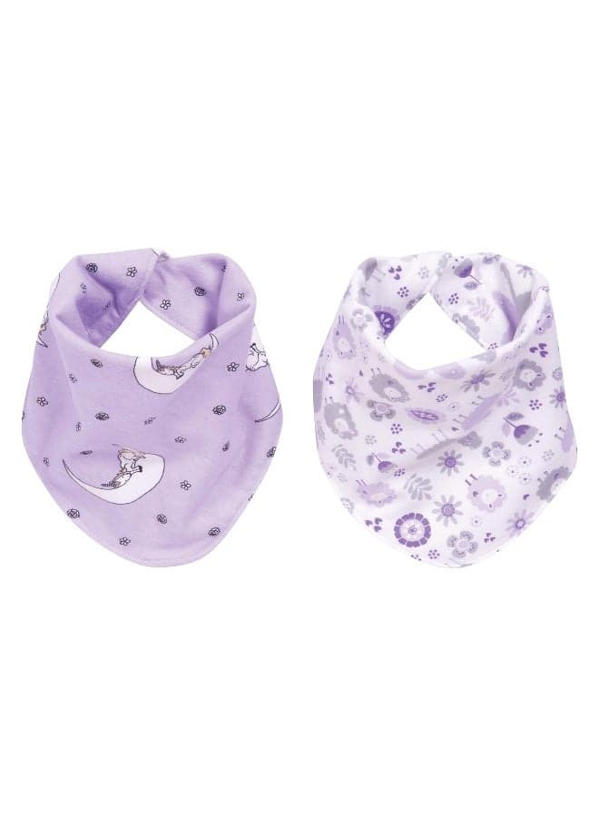 Llamas and Unicorns 2 Pack Reversible Flannel Bandana Bib Set-Unicorn/Dot, Llama/Plaid Prints, Purple, Gray, 100% Cotton Flannel, Snap Closure, 11.5 in x 11.5 in Each