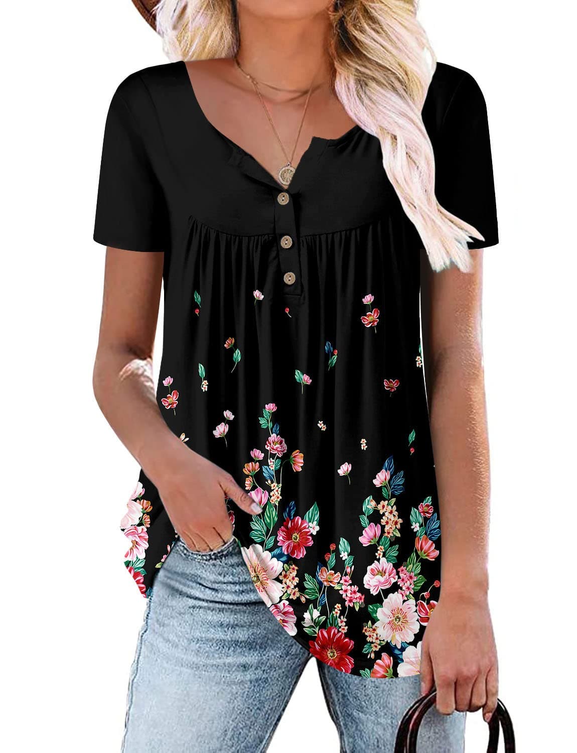 ROSELINLIN Womens Top Black Short Sleeve Summer Shirts Henley Neck Pull Over Loose Fit Shirt XL