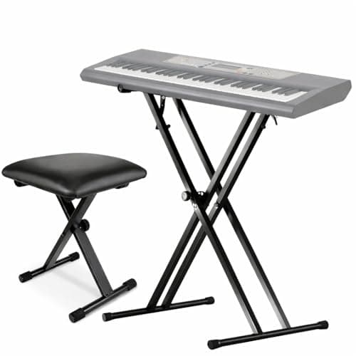 MOCKING BIRD Adjustable Keyboard Stand with Piano Bench| Foldable Double-X Piano Keyboard Stand with Padded Piano Stool, Piano Stand for 61-88 Keys Digital Piano and MIDI Keyboards