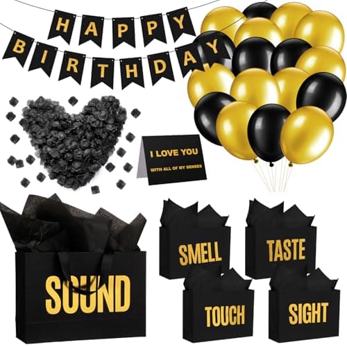 Soulchen 5 Senses Gift Bags for Him Her with Labels Five Senses Gift Birthday Party Decoration Tissue Paper Handles Comes with Rose Petals Banner Balloons for PartyBirthdayBlack Gold