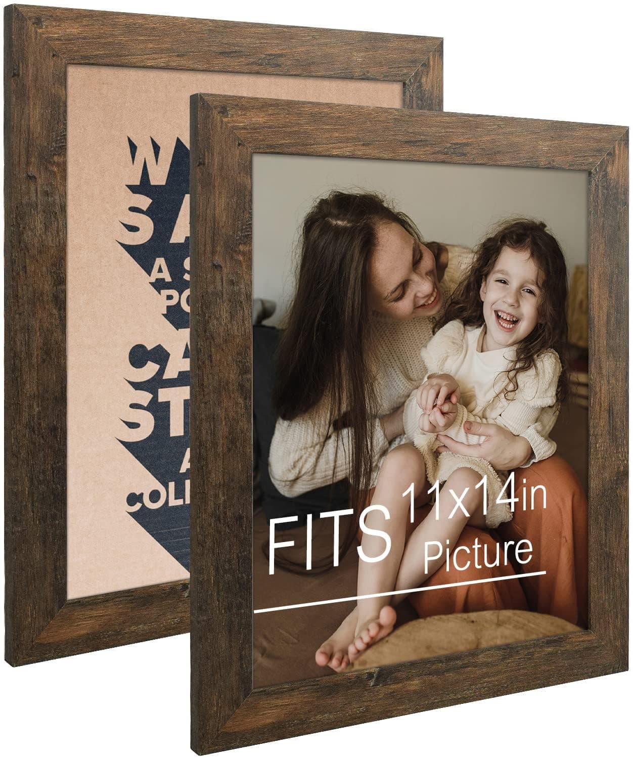 Frametory 11x14 Photo Frame Brown Distressed Grain Style Frames for 11 by 14 Picture or Photo Wide Moulding Design with Real Glass Wall Display Hanging 2 Pack