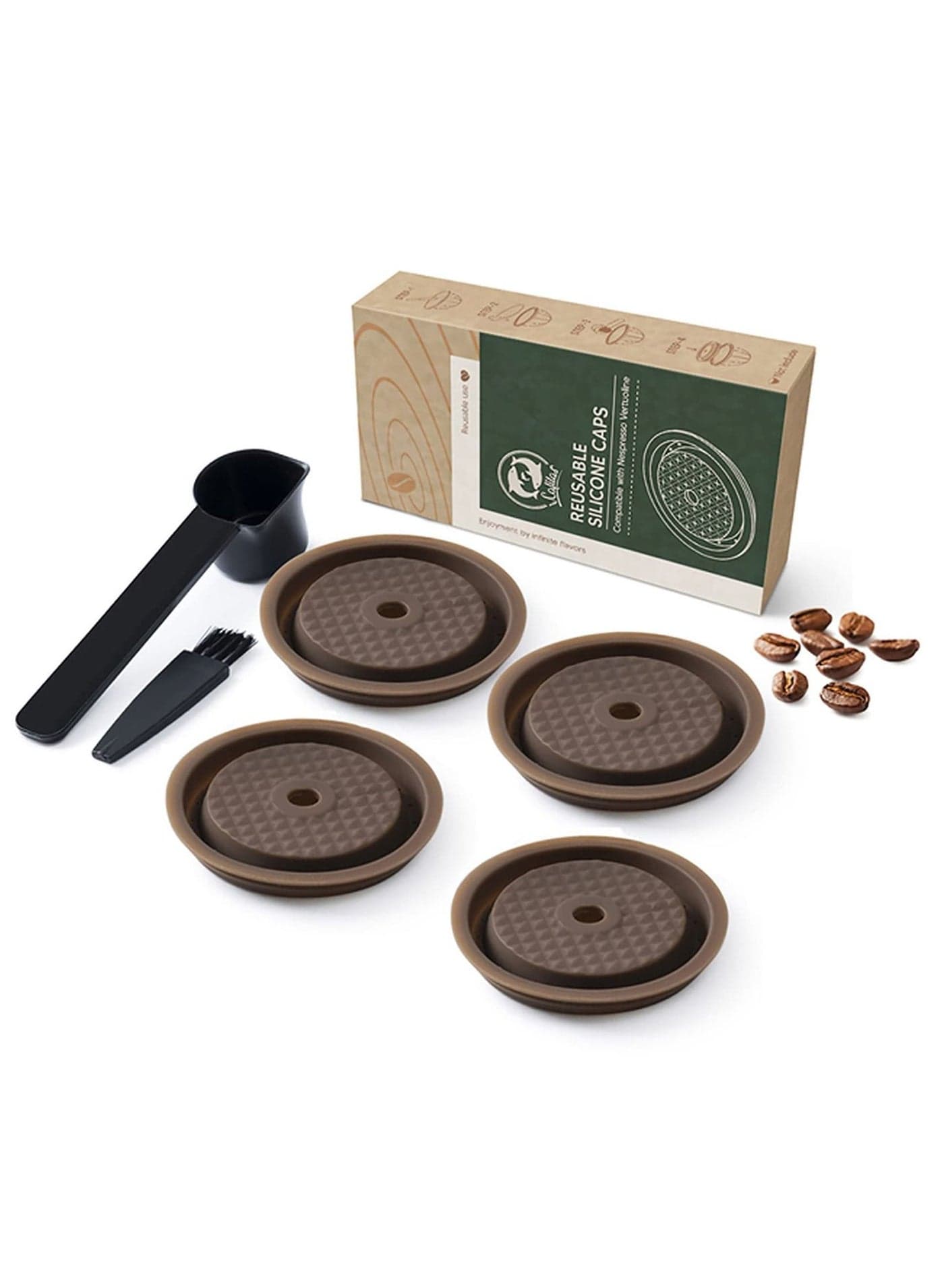 Reusable Coffee Capsule Lid for Original Vertuoline & Vertuo CapsulesPods, Food Grade Silicone Cap Refillable Nespresso with Scoop and Brush, 4 PCS