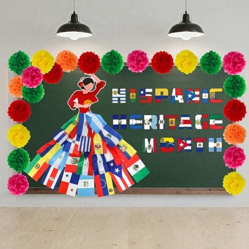 Hispanic Heritage Month Decorations Bulletin Board Set 69 Pcs Spanish Classroom Decor Door Cover Banner Backdrop with Paper Blooms for Latin American School Office Home Party Supplies