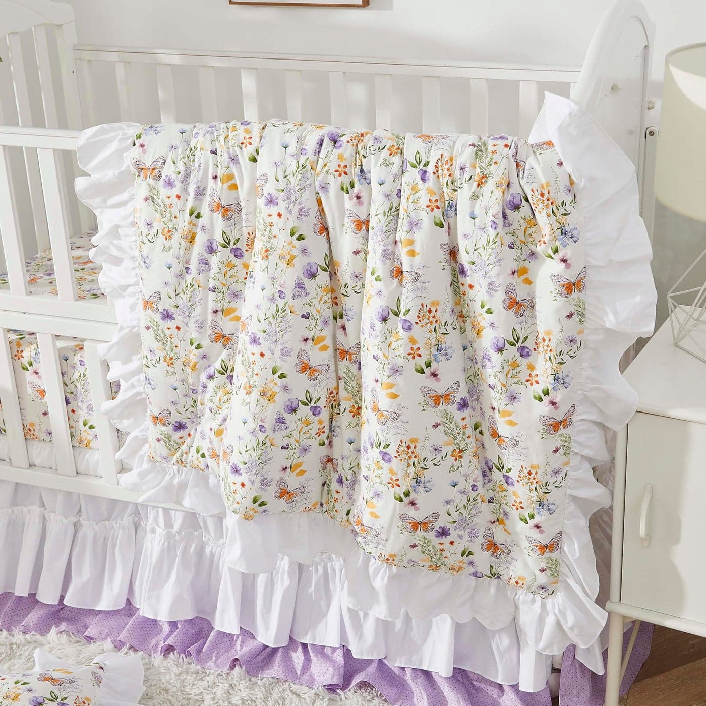 Brandream Wildflower Butterfly Crib Bedding Sets for Girls Nursery Set 3Piece Farmhouse Quilt Comforter Set Baby or Toddler Fitted Sheet Double Crib Skirt Cotton