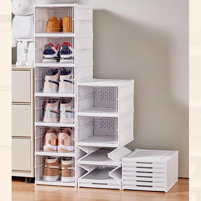 Jumix Plastic Storage Bins with Lids Shoe Storage Shoe Organizer Shoebox Sneaker Storage Collapsible bins Stackable Totes Container for Organizing Foldable Storage Bins 3 Layers White Clear
