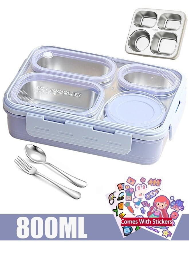 Stainless Steel Lunch Box with Divided Compartments Meal Prep Containers Lunch Box for Adults & Kids Leak & Spill Proof Snack Box with Utensils BPA-Free & Dishwasher Safe (Purple 800ML with Bowl)