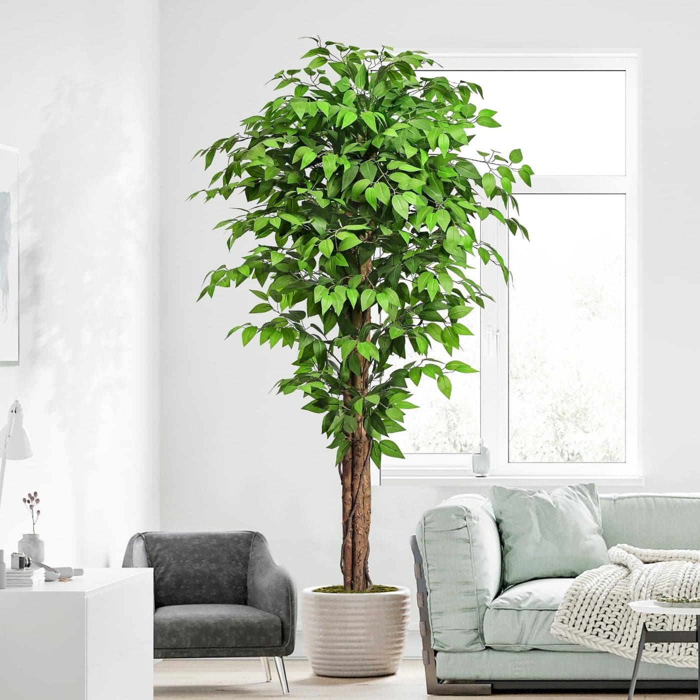 Keeplush 62ft Ficus Artificial Trees with 3 Natural Curved Trunks 74 Tall Lush Faux Tree for Home Decor Indoor Green Lifelike Fake Ficus Tree Artificial Plants