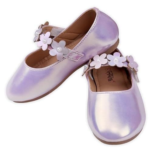 toothless Kids Girls Ballerinas | Iridescent Pink Princess Style Ballerinas with Flower Strap | Comfortable Slip-On Ballet Flats, Festive Occasions & Wedding - (3-3.5 Years)