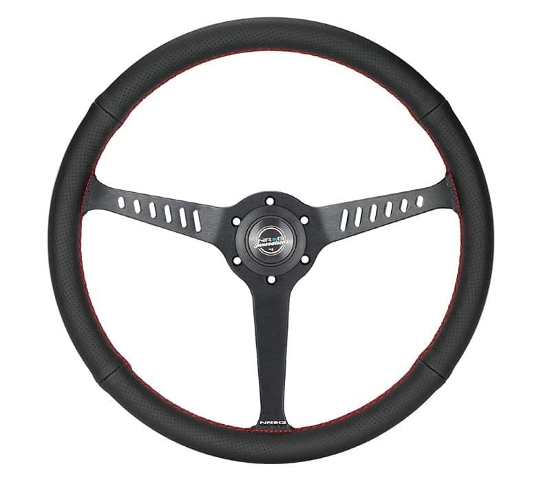 NRG Innovations NRG-RST-380-STL-R Reinforced Classic Stealth Wheel, 380mm, 3 Spoke Center with Diagnal Slits, 1" Deep Dish with Perforated Leather and Red Stitching