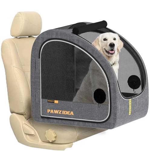 PAWZIDEA Portable Dog Crate for Car Travel, Collapsible Pet Travel Crates for Medium & Large Dogs, Enclosed Soft-Sided Car Kennel Carrier for Backseat, Secures w/Seatbelt & Headrest Strap, Chew-Proof