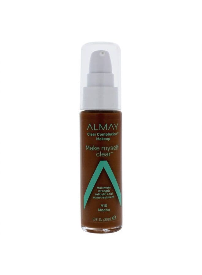 Clear Complexion Makeup, Matte Finish Liquid Foundation with Salicylic Acid, Hypoallergenic, Cruelty Free, -Fragrance Free, Dermatologist Tested, 910 Mocha, 1.0 oz