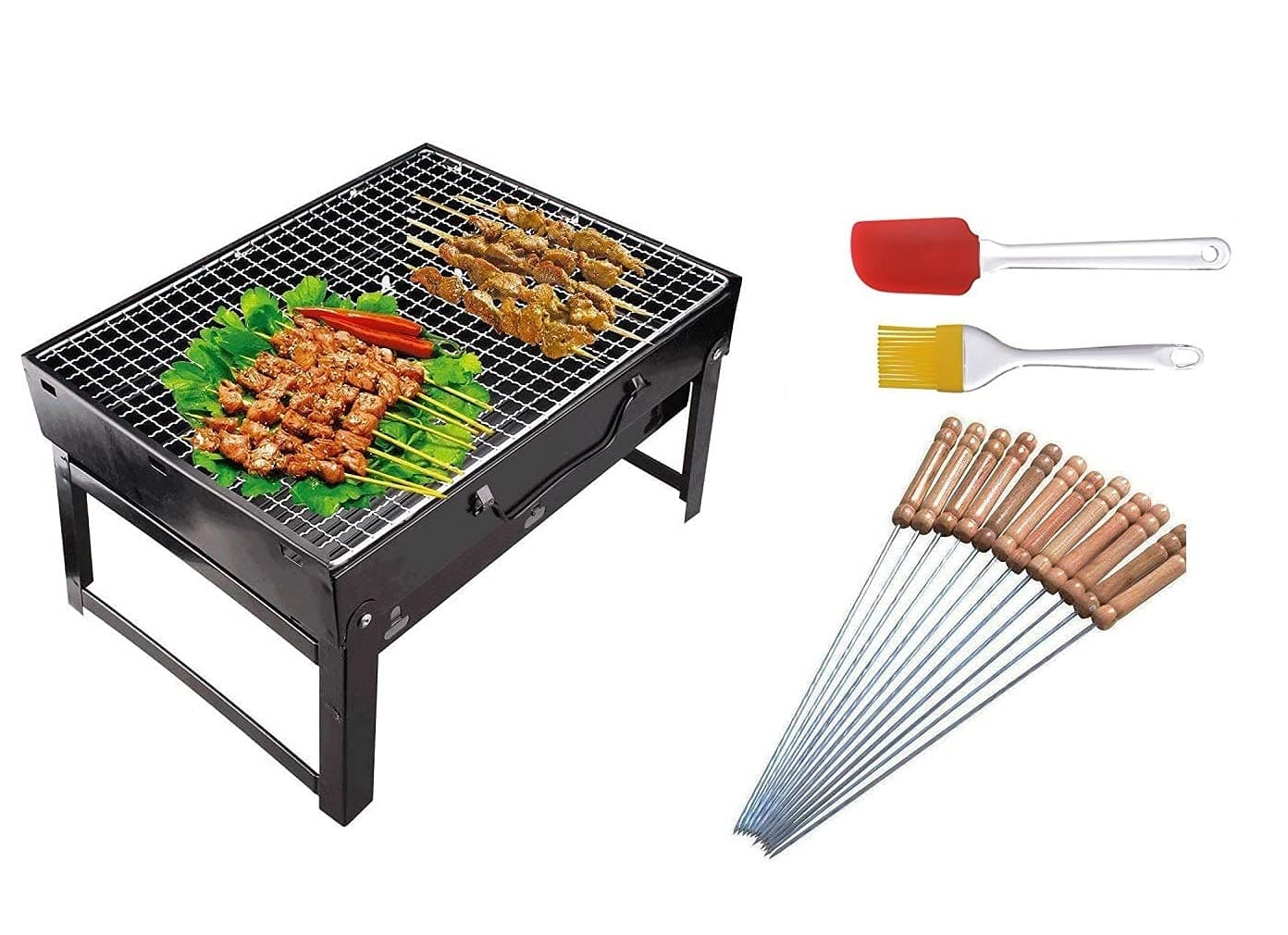 Inditradition Popular Combo Portable Charcoal Barbeque Grill With 12 Skewers, Oil Brush & Spatula (Metal, Black), Free Standing