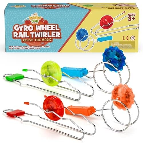 IPIDIPI TOYS Retro Magic Rail Gyro Wheel Twirlers 4Pack 2 Rail Twirlers 2 Gyro Wheels Light Up Magnetic Spinning Toys Classic Vintage Fidget Toys Party Favors Easter Basket Stuffers for Kids