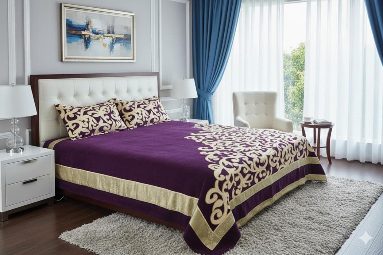 Fresh From Loom Chenille Velvet Abstract 500 TC Heavy Bedsheet for Double Bed King Size - 90 x 100 inch Purple Color with 2 Pillow Covers