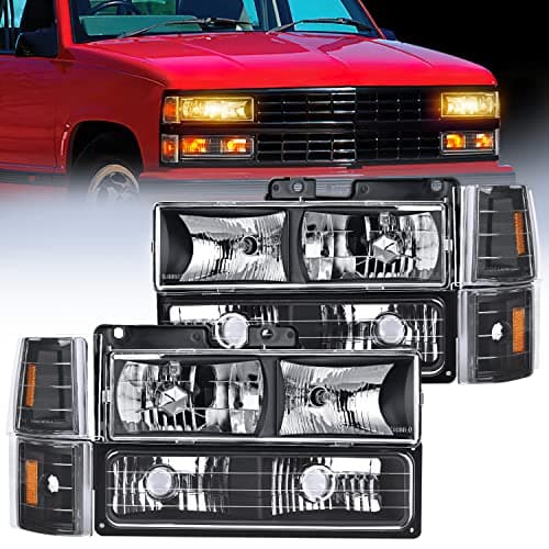 Nilight Headlight Assembly for 1994 1995 1996 1997 1998 GMC Suburban Yukon Sierra C/K Series 1500 2500 3500 Replacement Headlamp Black Housing Amber Reflector Bumper Corner Lamp