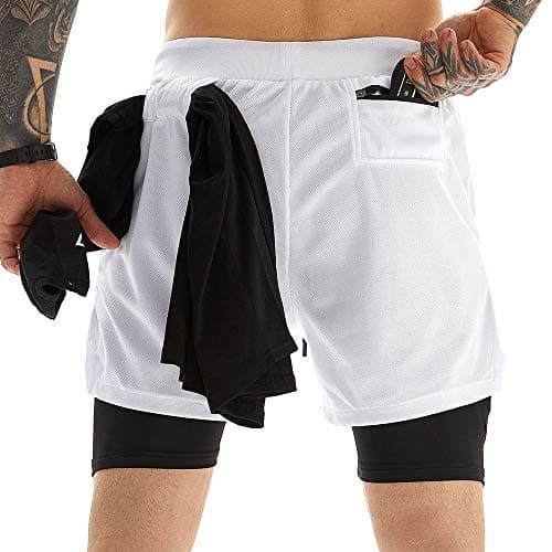 OEBLD Gym Shorts Men for Running, Training, Mens Athletic Workout Shorts with Compression Mesh Liner, Quick Dry, Lightweight, Phone Pocket, Towel Loop, 7inch White