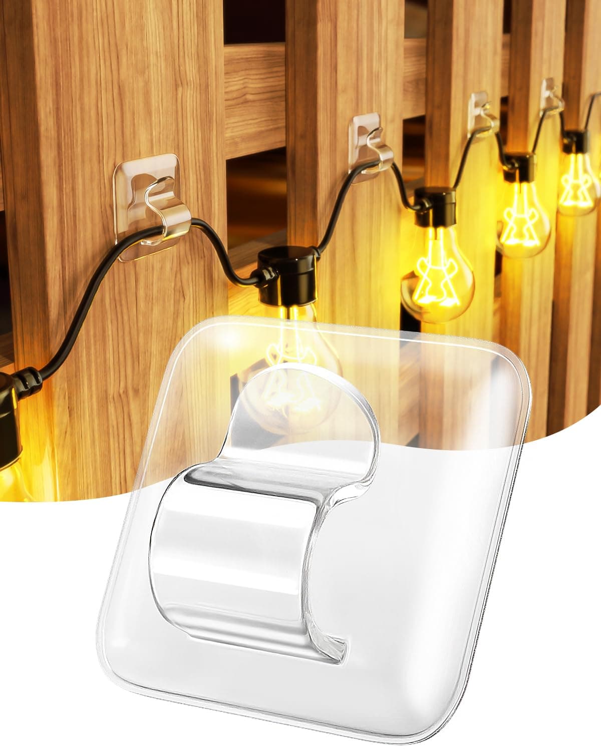 LZC Hooks for Outdoor String Lights Clips 25 Pack Square Clear Large Heavy Duty Light Hook Waterproof Adhesive Strips Outside Hanging Rope Light Cable Cord Holders Organizer
