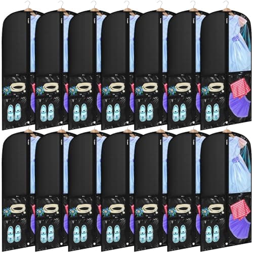 Geelin 14 Pcs Garment Bags for Dance Costumes PVC Clear with Zippers 20 x 40 Inch Garment Bag with Pockets Dance Costume Organizer Carrier for Storage Cover for Adult(Black)