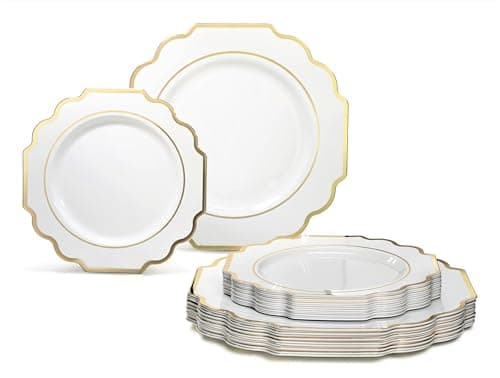 " OCCASIONS " 50 Plates Pack (25 Guests)-Heavyweight Wedding Party Disposable Plastic Plate Set -(25x10.5'' Dinner + 25x8'' Salad/Dessert) (Imperial White & Gold)