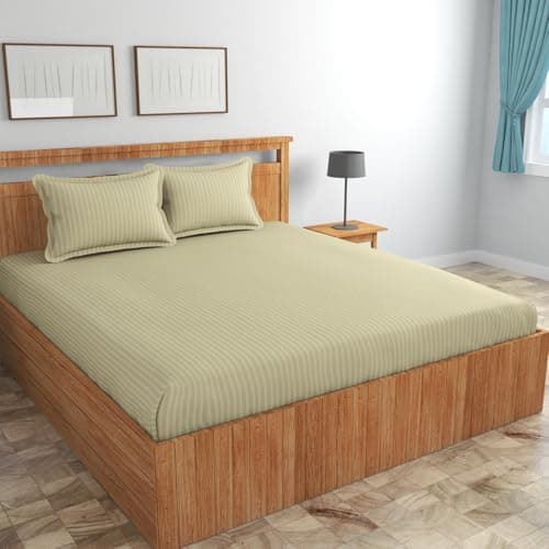 Homefab India 160 TC Stripe Cotton Feel Glace Cotton Elastic Fitted King Size Double Bed Bedsheet with 2 Pillow Covers Fits Upto 6 inches Mattress, Size-72X78 inches, Ecru