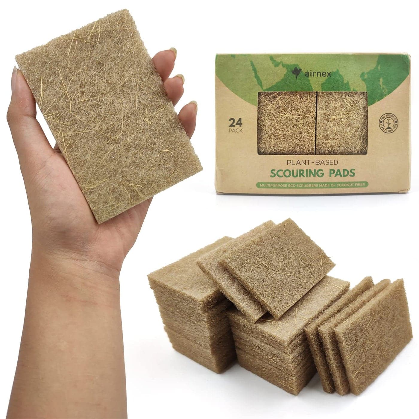 AIRNEX Plant Based Kitchen Scouring Pads Pack of 24 Coconut Husk Non Abrasive Scrubbing Pads Multipurpose Scrubbies for Dishes Heavy Duty Dishes Pan and Pot Scrubbers for Kitchen Non Scratch