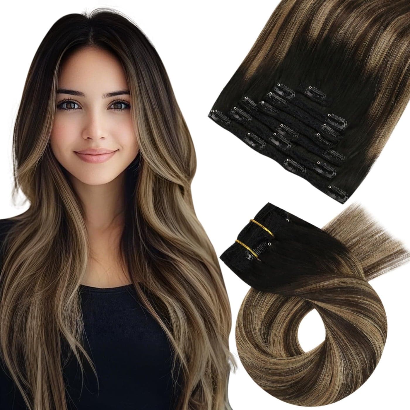 Moresoo Ombre Clip in Hair Extensions Black to Dark Brown with Dark Blonde Extensions Clip in Human Hair Double Weft Balayage Natural Black to Blonde with Brown for Women Long 120g7pcs 18 inch
