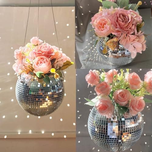 Disco Ball Hanging Plant Pots Boho Silver Mirror Disco Planter with Chain Hook and Macrame Rope for Indoor Outdoor Decor and Wooden Stand for DeskSelf Watering Insert Pots