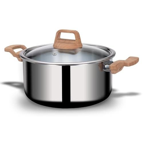 ARTTDINOX Timber Stainless Steel Triply Casserole with Lid | Biryani Pot | Casserole Stainless Steel | Stock Pot with Lid | Induction & Gas Base| Jindal Stainless, 20cm/5Ltr, Silver