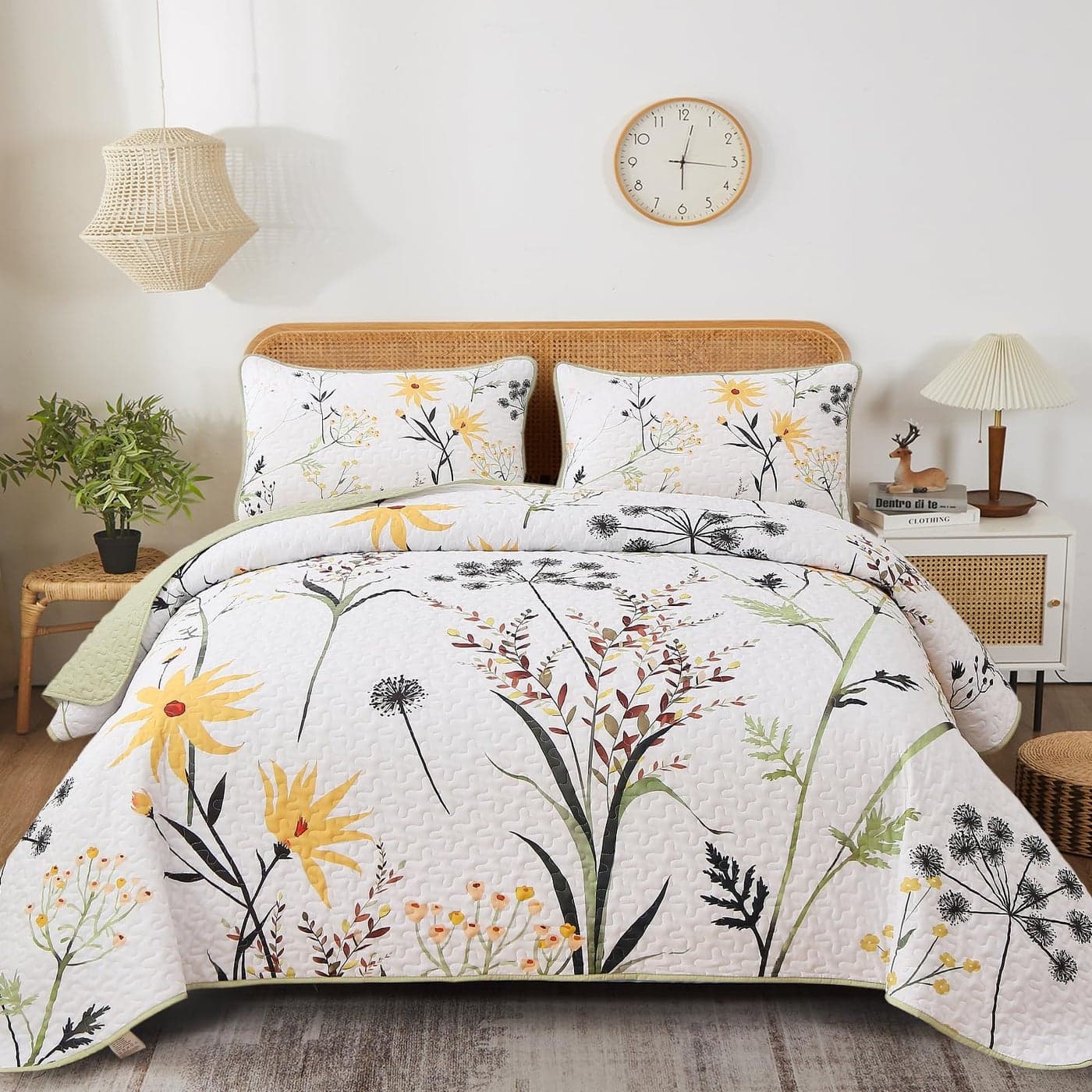Dobuyly Sage Green Floral Quilt Set Queen Size Yellow White Botanical Flower Quilt 3 Pieces Spring Bedspread Coverlet Set Soft Lightweight Microfiber Bedding Set for All Season 96x90