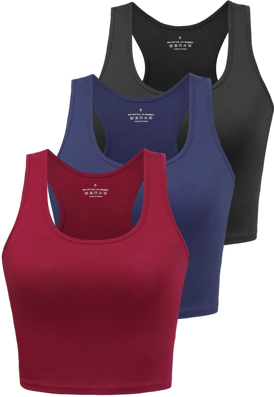 Porvike Sports Crop Tank Tops for Women Cropped Athletic Yoga Tops Racerback Running Tanks Cotton Workout Shirts Sleeveless Undershirts Exercise Gym Clothes 3 Pack Black Navy Burgundy S