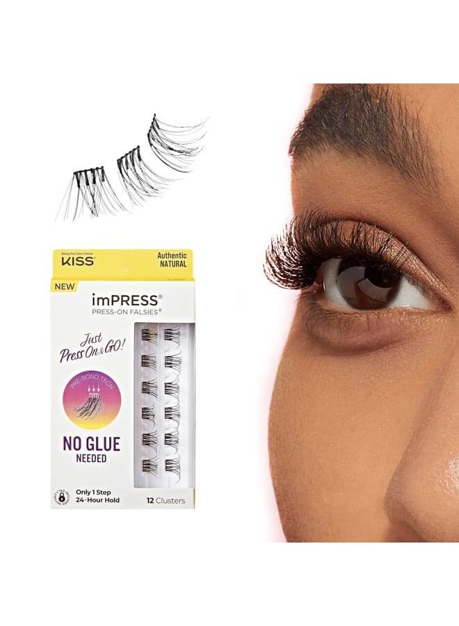 Kiss Impress Falsies Press On Self Adhesive Eyelashes, 12mm-14mm Natural Volume Press On Lashes, Black, No Glue Needed, Invisible Band, 12 Lash Clusters - Authentic