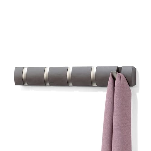 Umbra Flip Wall Mounted Floating Rack – Modern, Sleek, Space-Saving Coat Hanger with 5 Retractable, Driftwood/Nickel Hook