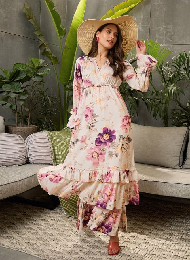 Sassafras Off White Floral Layered Maxi Dress