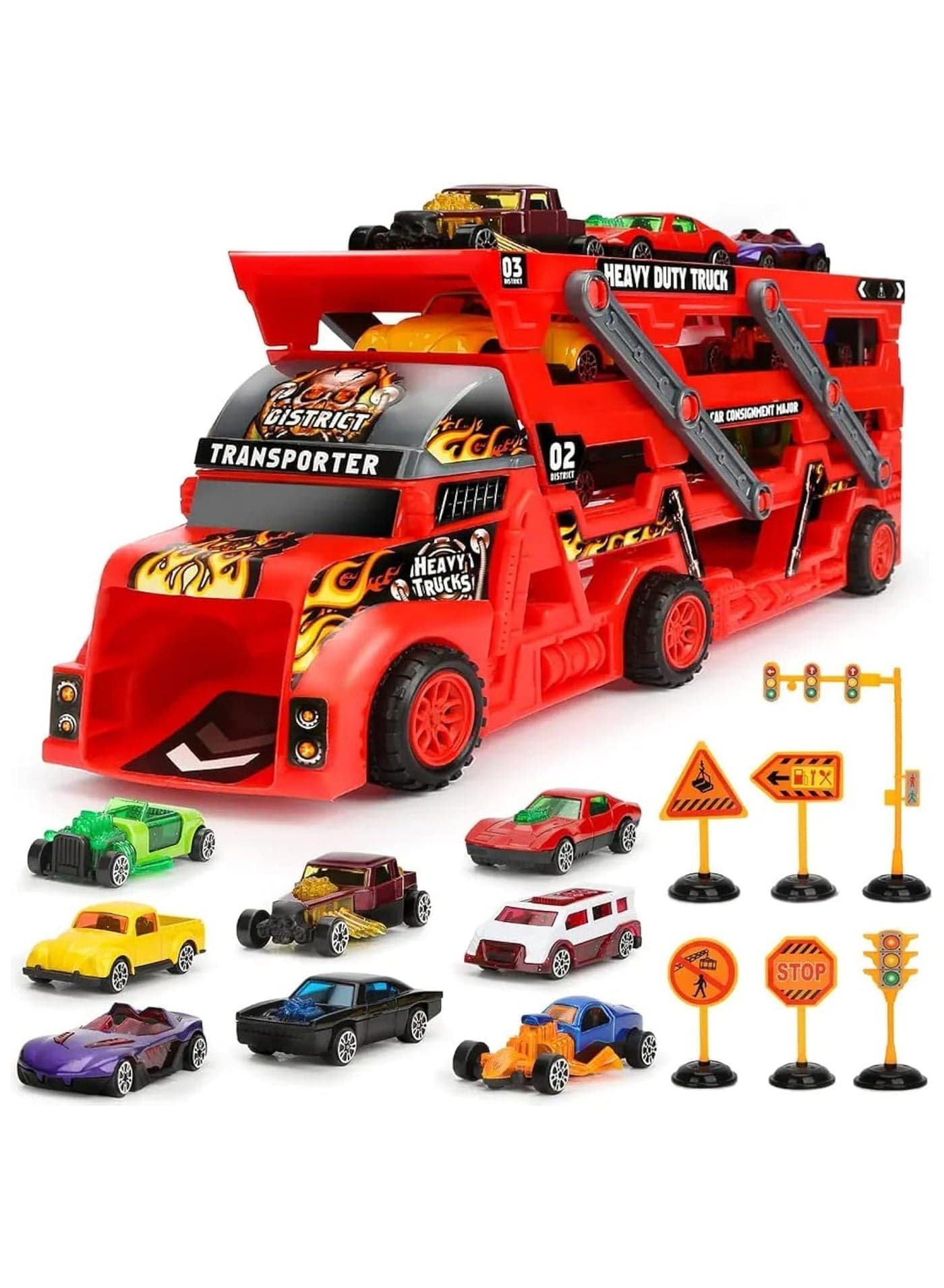 Car Transporter Truck Toys for 3 Years Old, Mega Hauler Trucks with 8 Mini Race Cars Gift for Kids Boys Girls Kids Vehicle Toys Set (Red)