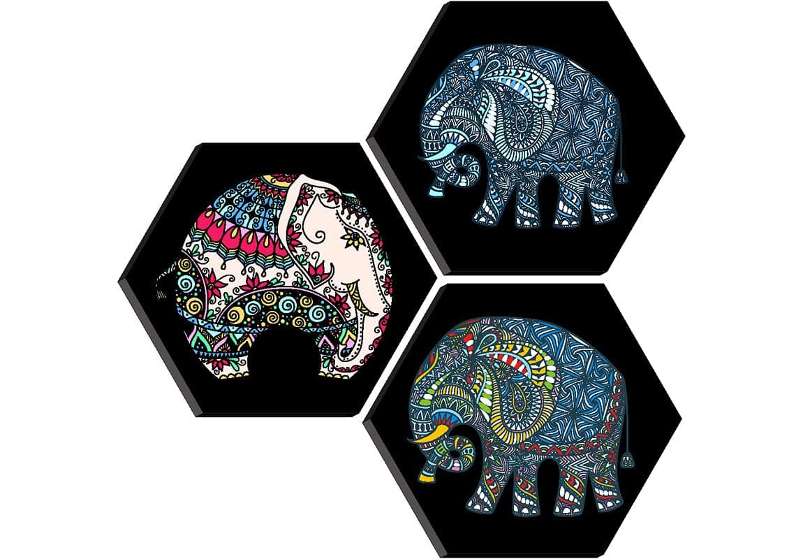 SAF paintings Set of 3 Hexagon Elephant modern art MDF Board UV Textured Painting 17 Inch X 17 Inch SANFHXS30380