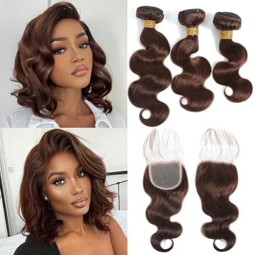 Brown Bundles Human Hair with Closure (12 14 16+12) Body Wave Brown Bundles with Closure Human Hair 12A 100% Unprocessed Brazilian Virgin Hair 3 Bundles with Closure Chocolate Brown Color 4
