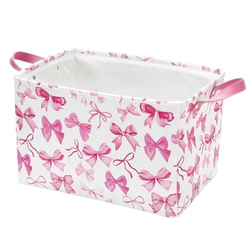 FYSUIMU 2Pcs Bow Rectangle Storage Basket 15 x 102 x 94 Inch Pink Bowknot Foldable Open Toy Organizer Bag with Handle Coquette Large Laundry Dirty Cloth Storage Bin for Bedroom Shelves Closet