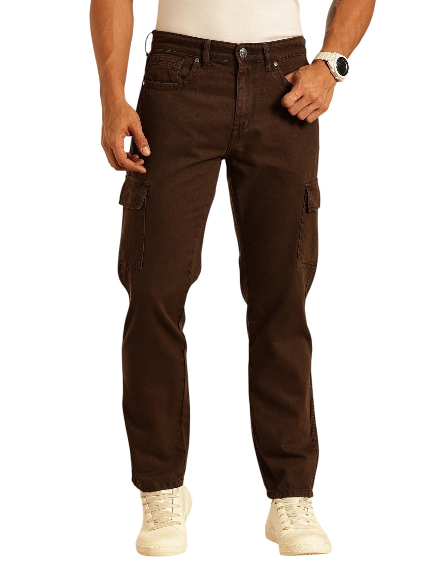 Thomas Scott Men's | Loose Fit | Mid Rise | 7 Pockets | Button Closure | Non Stretchable | Cargo | Jeans (TSJ320_Coffee_36)