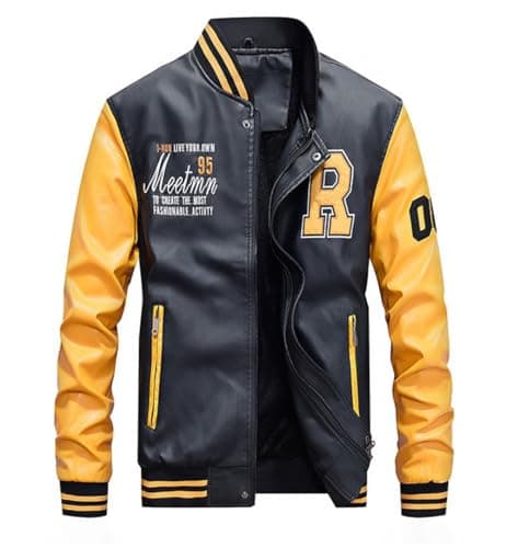 Lavnis Men's Faux Leather Jacket Casual Baseball Stand Collar Slim Fit Coat (Yellow, US M)