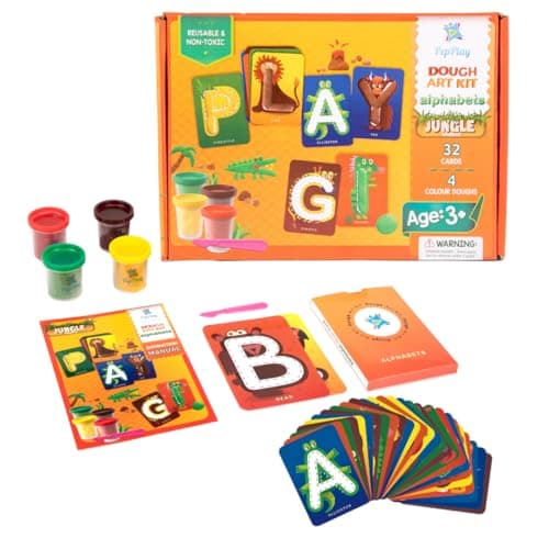 PepPlay Dough Art Kit for Kids | DIY Kit | Long Lasting Soft & Non-Toxic Clay | 32 Cards with 4 Colours - Alphabets Theme | Pre-School Learning | Birthday and Return Gift for Kids 3+
