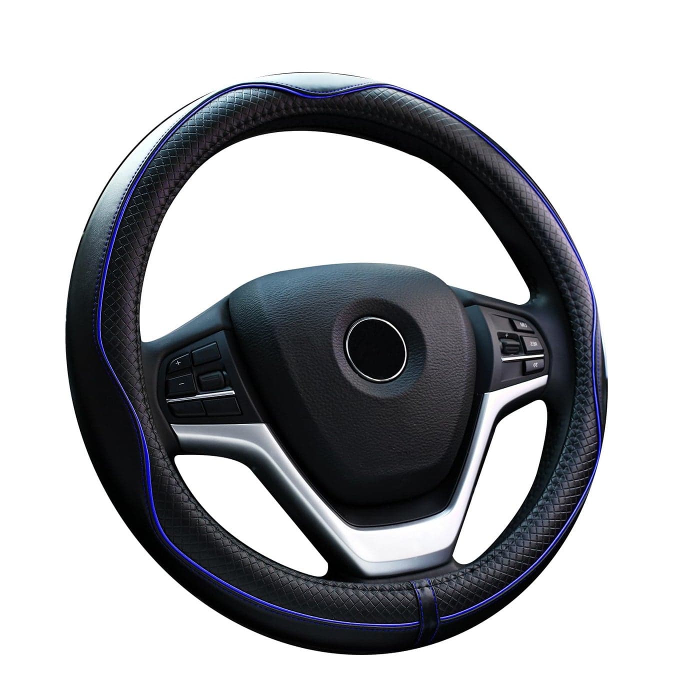 Valleycomfy Steering Wheel Covers Universal 15 inch Genuine Leather Breathable Anti Slip Odor Free Black with Blue Lines M14 1215 14