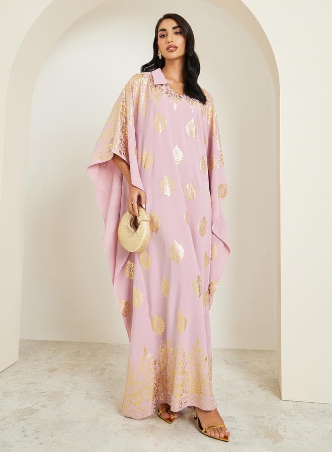 Women Pink Gold Print Collared Kaftan
